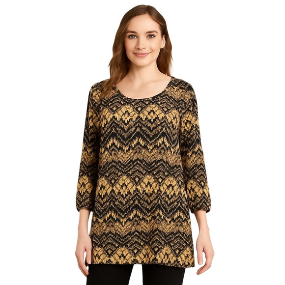Susan Graver Tops - SUSAN GRAVER Abstract Print Blouse Womens Plus 1X Brown Black Sheer Tunic Top